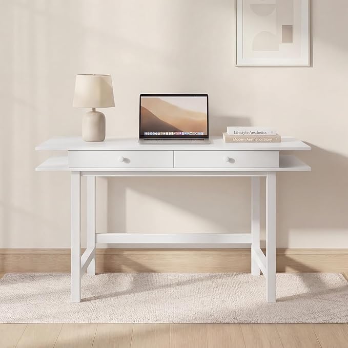 Double-Top Solid Wood Desk - 48-Inch Mid-Century Modern Writing Table with Drawers for Home Office, Study, and Creation, Rubberwood Computer Desk in White