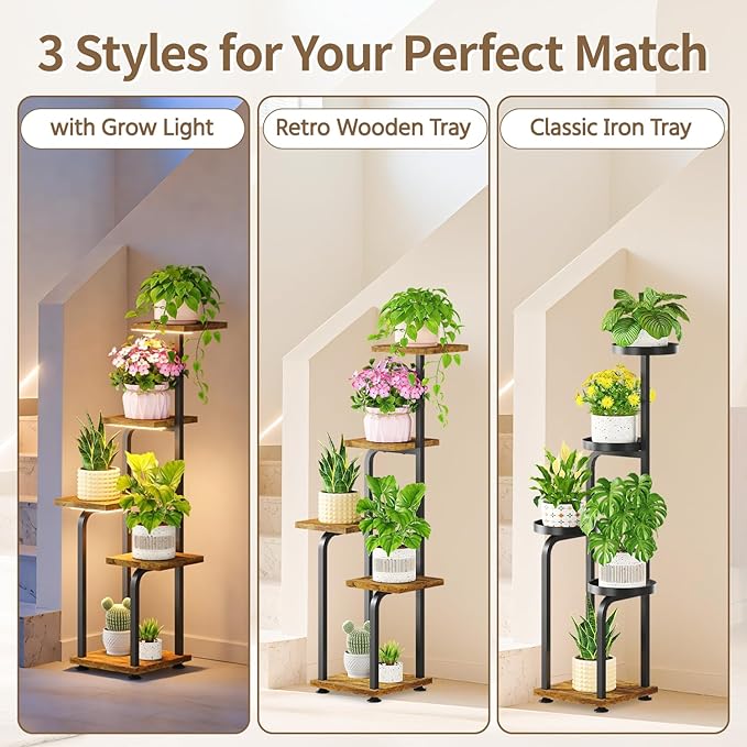 LASZOLA Black 5 Tiered Tall Wood and Metal Plant Stand Indoor with with Grow Lights, Large Heavy Duty Multi Level Vertical Planter Rack for Corner, Sturdy Rustic Tall Flower Shelving Holder for House