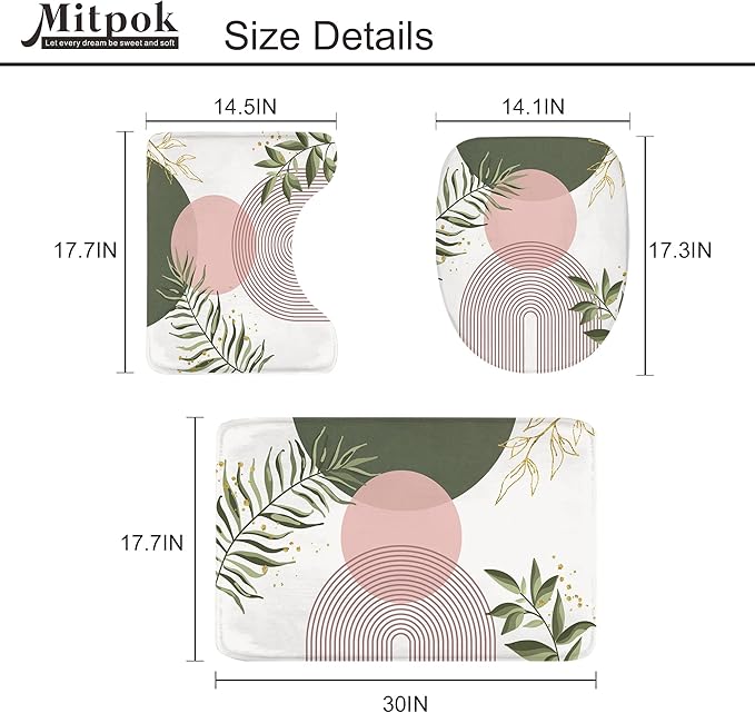 4 PCS Pink Sage Green Boho 72Wx72H Shower Curtain Set Modern Mid Century Plant Bath Rug Toilet Lid Cover Nonslip U Shape Mat Quick Dry Bathroom Decor with 12 Hooks