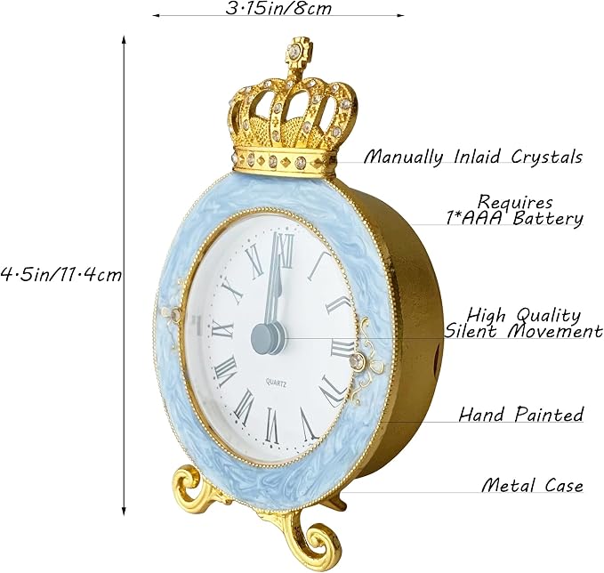 Vintage Mini Analog Table Clock, Silent Crown Table Clock with Hand-Painted Metal Body and Battery Operated Non-Ticking Core for Shelf, Living Room, Bedroom, Bedside, Desk