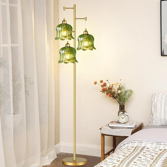Glass Floor Lamp for Living Room,Bedroom,Mid Century Modern Standing Lamp Brass Tree 3 Light Tall Floor Lamps Vintage Retro Floor Lights Gold Green Flower Lamp Shade Farmhouse Boho Bohemian