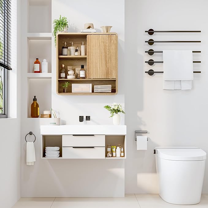 BERRYMERRY Bathroom Storage Wall Cabinet, Medicine Cabinet with Adjustable Wood Shelf & Sliding Door, Over The Toilet Storage Cabinet for Laundry Room,Kitchen,Living Room (Brown)