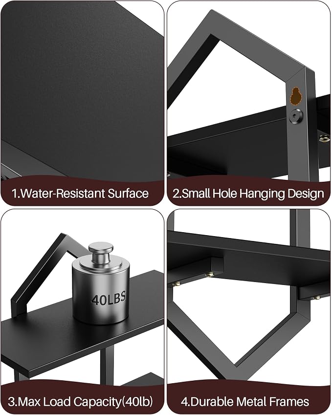Floating Shelves, Set of 2 Wall Shelf, Wall Mounted Decorative Shelves, 2-Tier Modern Geometric Hanging Storage Shelf for Living Room, Bedroom, Kitchen, Office, Study (Black)