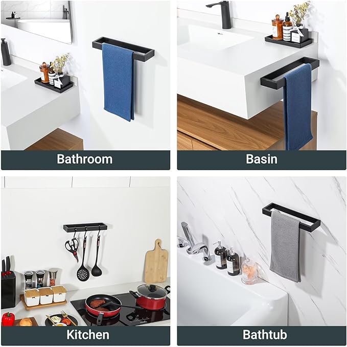 Sayayo Matte Black Towel Bar for Bathroom, 12 Inch Hand Towel Holder Wall Mount, Screw or Self Adhesive Towel Ring Square SUS304 Stainless Steel, 3.2 Inch Wide