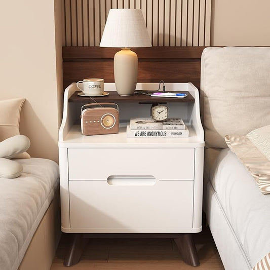 Nightstand with Charging Station, 21" Tall Nightstand w/2 Storage Drawers, Wood Night Stand with Hidden Handle, 17'' Wide Modern Bedside Table for Bedroom, White