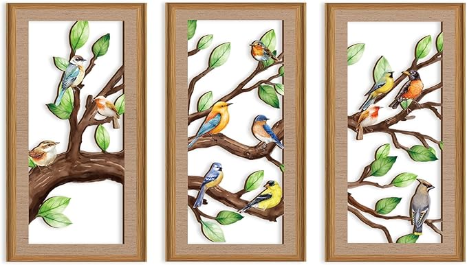 Ausril 3 Pcs Birds Tree Branch Wall Decor,Nature Tree of Life Wall Art,Green Leaves with Bird Wall Art,Branch Birds Silhouette Sculpture,Spring Tree Sign Wood Framed for Home Living Room Bedroom