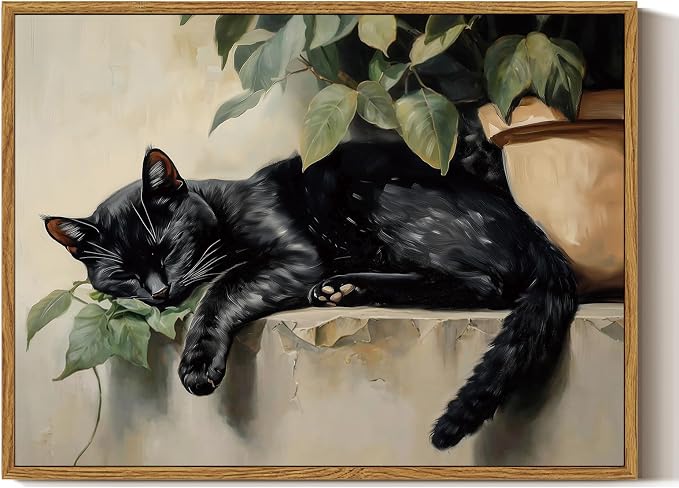 ARPEOTCY Vintage Framed Canvas Wall Art, Sleeping Black Cat Framed Wall Art for Living Room Bedroom Office, Vintage Rustic Animal Art Prints for Bathroom Decor(12x16 Inch)