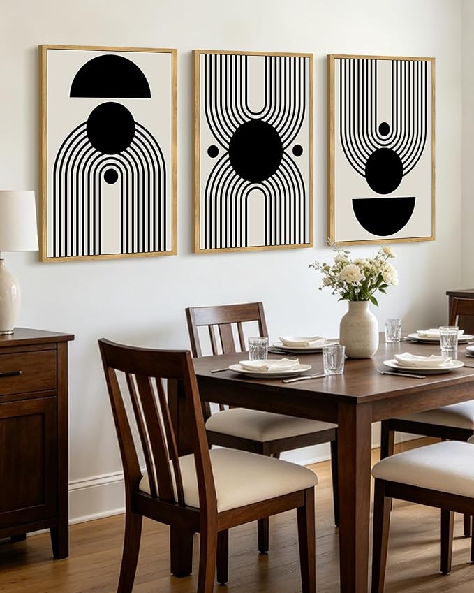 KUVIOKE Black Abstract Framed Wall Art Minimalist Geometry Lines Painting Artwork for Living Room Bedroom 24x36in (Natural Framed)