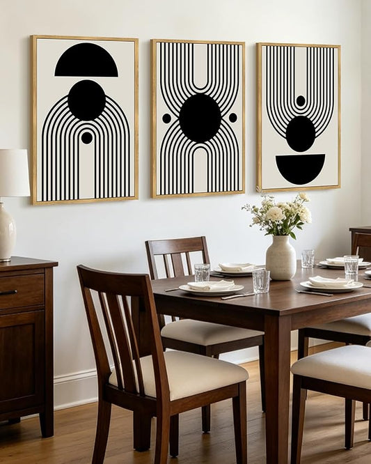 KUVIOKE Black Abstract Framed Wall Art Minimalist Geometry Lines Painting Artwork for Living Room Bedroom 24x36in (Natural Framed)