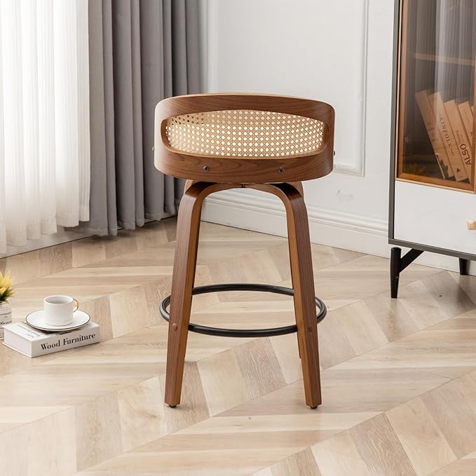 30" Swivel Rattan Bar Stools Set of 2,Mid-Century Modern Faux Leather Upholstered Bar Height Stools,Kitchen Island Barstool with Rattan Low Backrest,Walnut Wood Finish Bar Chairs,Beige PU