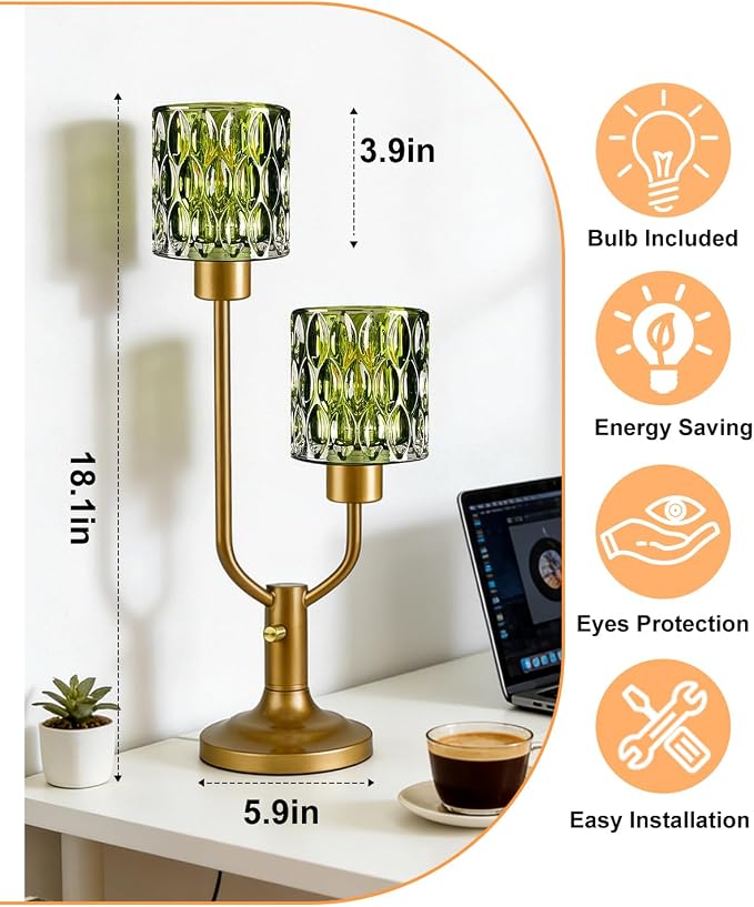 Lightdot Mid Century Modern Green Table Lamp for Bedroom Dimmable Nightstand Lamp Vintage Glass Gold Desk Lamp 2 Bulbs Included Warmwhite Ambient Bedside Lamps for Living Room Home Office Decor Gift
