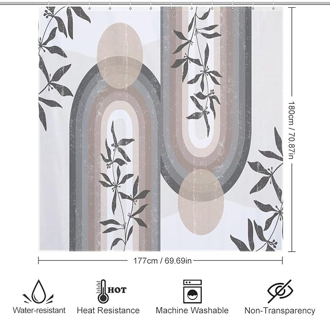 Boho Leaf Mid Century Shower Curtains, Bohemian Plant Mid Century Tropical Abstract Modern Washable Waterproof Fabric for Bathroom Decor Bathtub with 12 Hooks 72x72in (183x183cm)