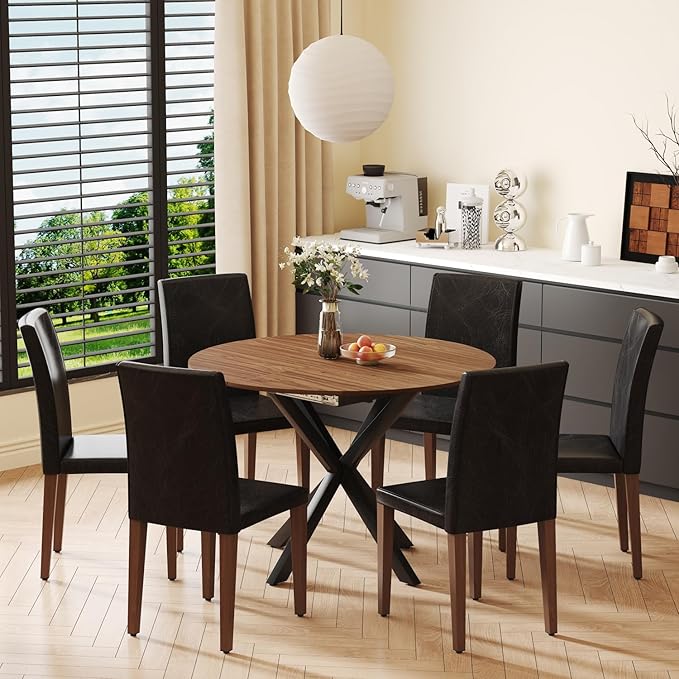 Round Dining Table Set for 6, 43-59" Extendable Dining Room Table Set, Walnut Wood Grain Table and 6 Black PU Leather Upholstered Chairs Set, Mid Century Modern Kitchen Table Set with Cross Legs
