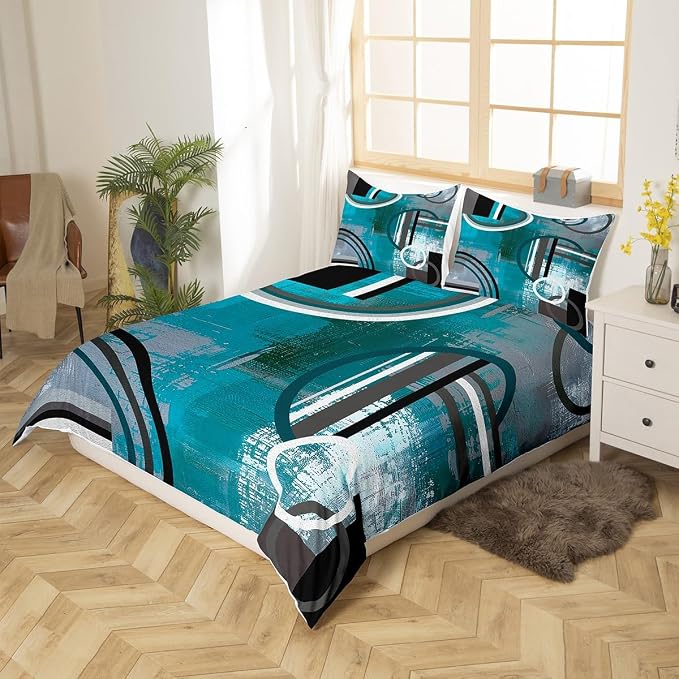Teal Blue Green Gray Duvet Cover Queen,Grunge Oil Painting Style Bedding,Modern Geometric Swirls Comforter Cover,Abstract Circles Square Pattern Bedspread Cover with Zipper& Ties Bedroom Decor