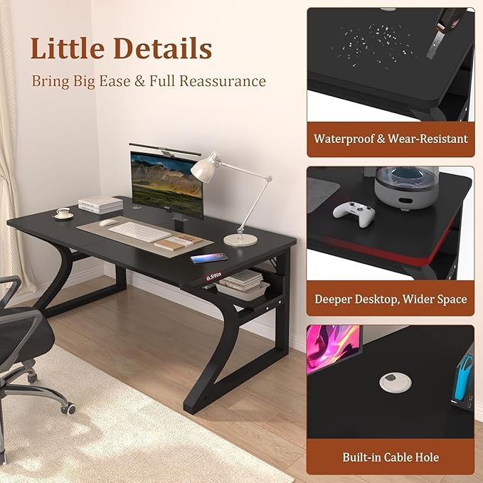 55 X 23.6'' Computer Desk, Home Office Desks w/Shelf Storage, Computer Desk w/Metal Frame, Cable Management, Study Student Desk Writing Work Table Deeper & Thicker Desktop for Home Bedroom
