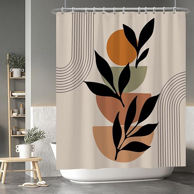 Baocicoo Boho Mid Century Shower Curtain Set Modern Minimalistic Leaves Shower Curtain for Bathroom Dormitory Bathtub Decor Durable Fabric Waterproof Curtain for Bathroom with Hooks 60x72 Inches