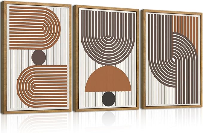 DRACIT Mid Century Boho Modern Wall Art Set Abstract Geometric Wooden Wall Decor Minimalist Line Neutral Artwork Mid Century Wood Art Decor for Living Room Bedroom Office-16x24Inch x3