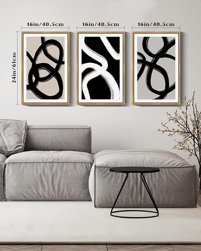 Drsoum Lager 16x24in Black Abstract Framed Wall Art Decor Duotone Minimal Dark Brush Stroke Prints Shapes Illustrations Modern Art Decorative Ready To Hang - Natural Framed