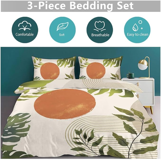 Green Leaf Bedding Set,Mid Century Tropical Plant Palm Leaves Abstract Minimalist Geometic Boho Modern Comforter Set with Pillowcase for Bedroom Bed Decor，Twin 86"x70"