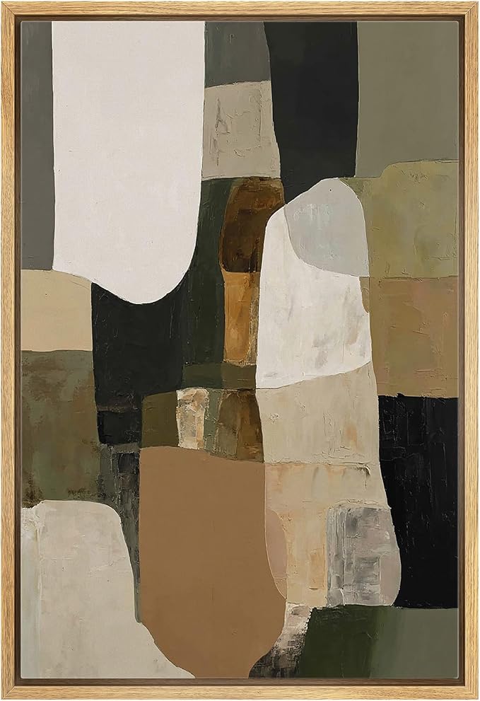 MUDECOR Framed Canvas Print Wall Art Earth Tone Green & Beige Abstract Shapes Illustrations Fine Art Mid-Century Modern Multicolor for Living Room, Bedroom, Office - 16"x24" NATURAL