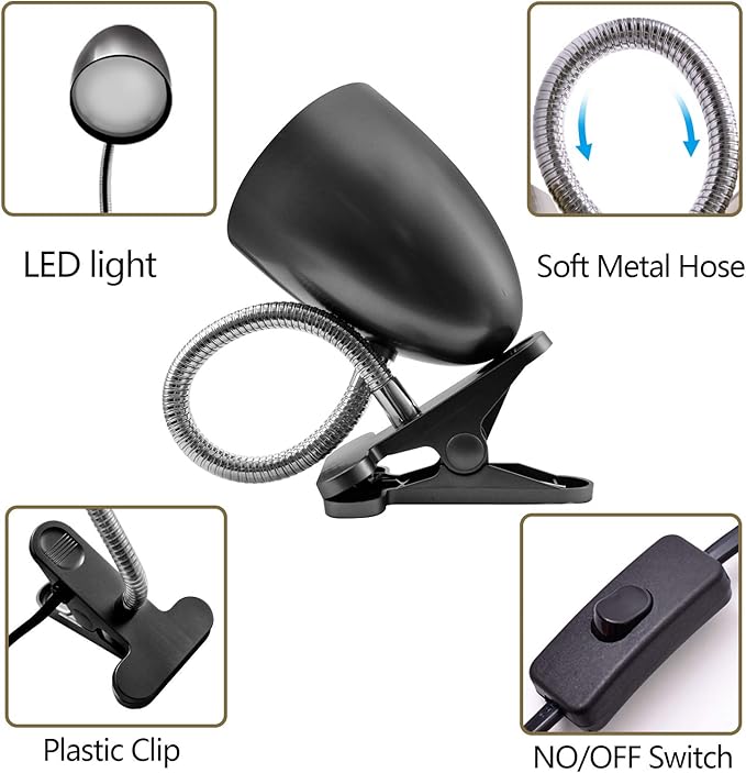 E ENERGETIC LIGHTING Clip on Light for Bed, Non-Dimmable Clip on Reading Light for Bed, 4000K Cool White, 3.5W 240 LM Desk lamp with clamp, Eye Protection, ETL Listed, Black
