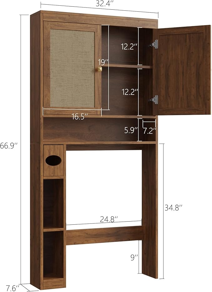 Over The Toilet Storage Cabinet, Over Toilet Bathroom Organizer with Double Doors and Adjustable Shelf, Freestanding Home Space Save Toilet Rack (Walnut Brown)