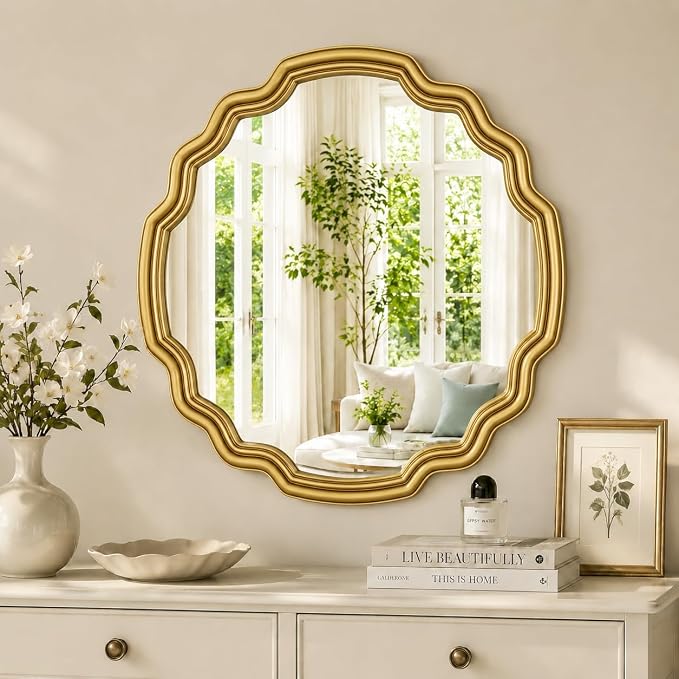 Decorative Gold Round Wave Mirror 26" Scalloped Edge Circle Mirror Wall Decor for Bathroom Entryway Fireplace Living Room Bedroom Hallway with Shatterproof Glass