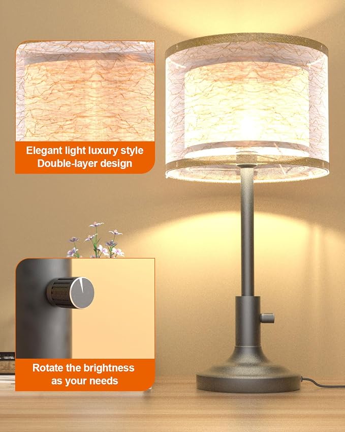 Lightdot Mid Century Table Lamp for Bedroom, Vintage Black Dimmable Table Lamp with 2-Layer Lampshade, Farmhouse Bedside Lamp Nightstand Light for Living Room(Bulbs Included)