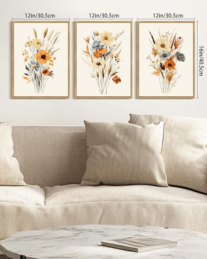 KUVIOKE Vintage Wildflower Bouquet Framed Wall Art Retro Flower Botanical Pictures Illustrations Colorful Floral Hanging Decor 12x16in (Natural Framed)