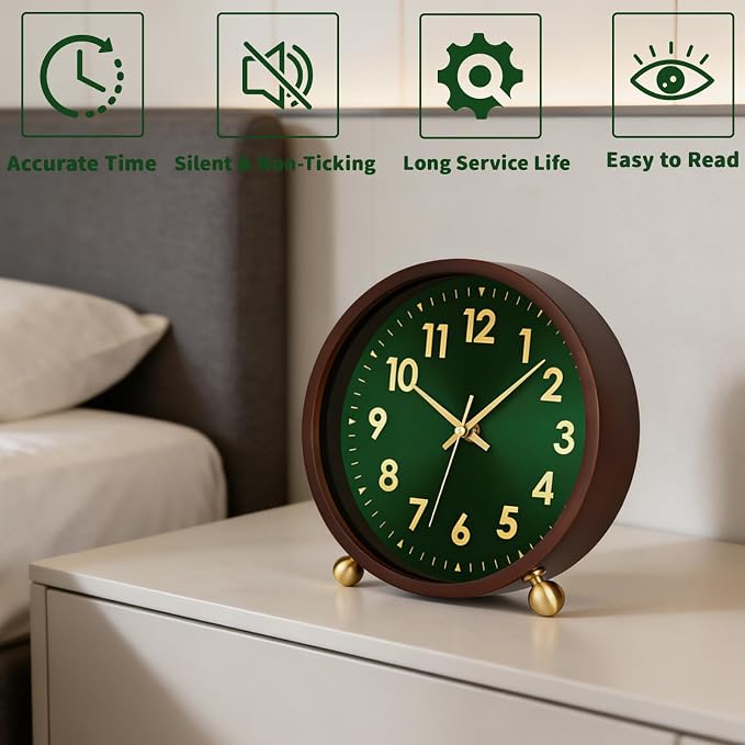 Maxspace Wooden Table Clock,8in Silent Non-Ticking Desk Clock with Gold Ball Base,Battery Operated Desktop Analog Clock for Living Room Office Bedroom Decor (Green Gold - Walnut, Copper Ball Base)