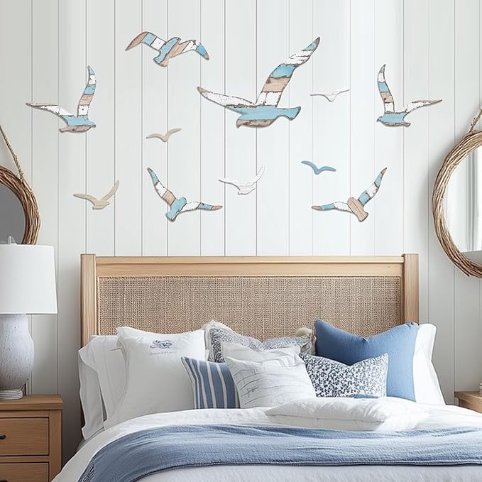 Zzbakress 11 Pcs Wooden Seagull Wall Decor Nautical Coastal Beach Wall Art Vintage Ornaments Unique Sea Birds Wall Sculpture for Home Bathroom Living Room Bedroom (Vintage)