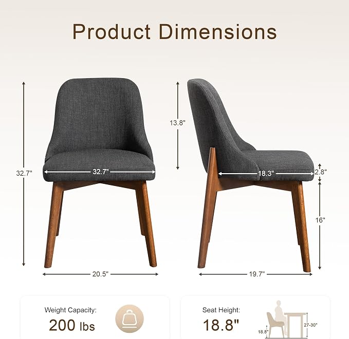Casaphoria Set of 2 Upholstered Dining Chairs, Dark Grey Fabric Kitchen Chairs with Walnut Wood Legs, Modern Accent Chairs for Dining Room, Living Room or Kitchen
