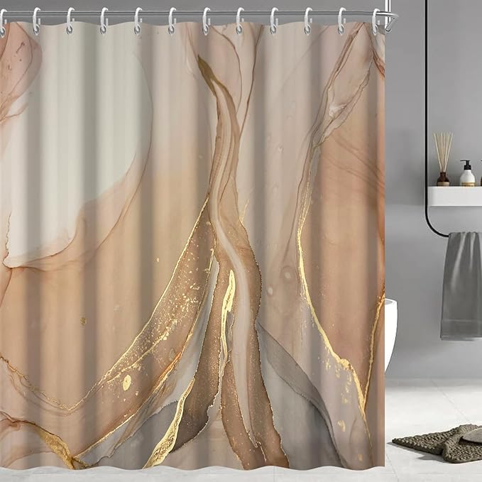 Brown Shower Curtain, Modern Brown Gold Grey Marble Shower Curtain for Bathroom Aesthetic Ink Texture Waterproof Shower Curtain Set with Hooks, 72x72 Inch
