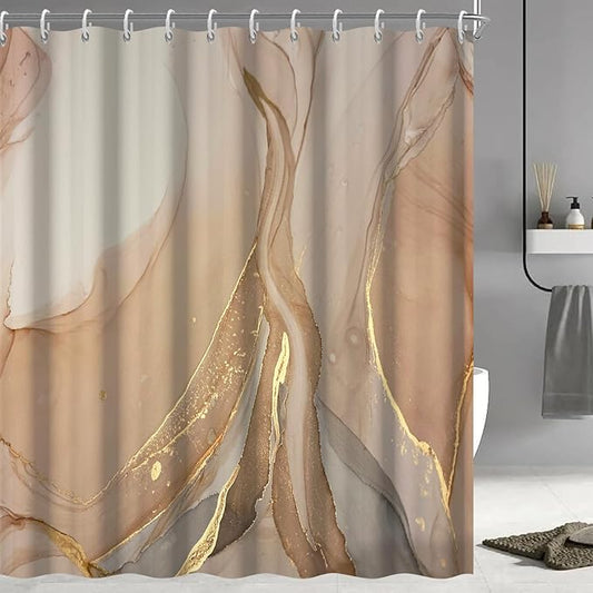 Brown Shower Curtain, Modern Brown Gold Grey Marble Shower Curtain for Bathroom Aesthetic Ink Texture Waterproof Shower Curtain Set with Hooks, 72x84 Inch
