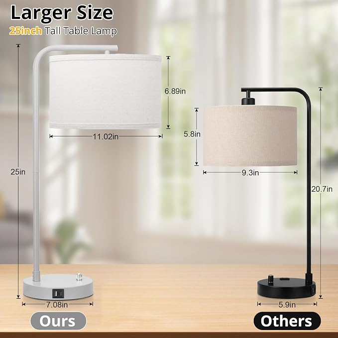 Table Lamp with USB C+A Ports, Fully Dimmable Nightstand Lamp for Living Room, Modern Grey Bedside Lamp, Tall Table Lamp with Beige Shade Minimalist Desk Lamp for Bedroom Office, LED Bulb Included