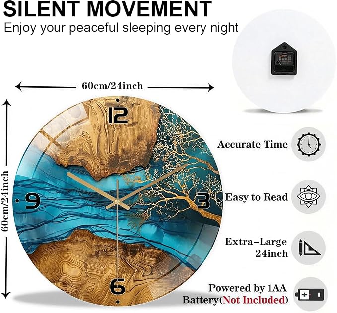 24 Inch Blue River Glass Wall Clock Silent Modern Art Decor | Silent glossy resin and wood-style wall clock perfectly tracks time, adding modern art to your living room