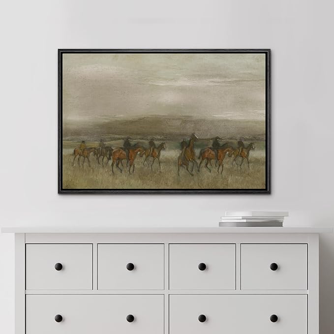 MUDECOR Framed Canvas Print Wall Art Horse Riders in Dark Watercolor Landscape Nature Wilderness Illustrations Impressionism Scenic Multicolor for Living Room, Bedroom, Office - 24"x36" Black