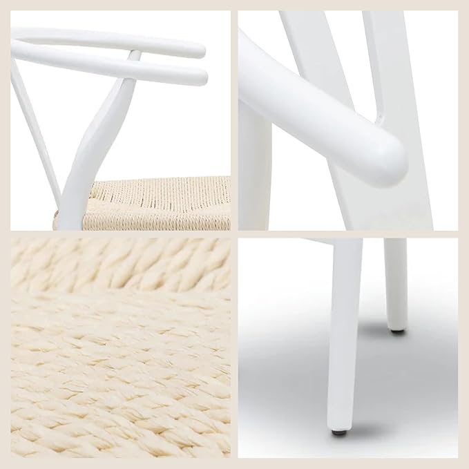 Poly & BARK Weave Dining Chairs – Mid-Century Modern Wishbone Dining Chairs with Arms, Solid Wood Frame, Indoor Use – White – Set of 2 - Ideal for Dining Room, Kitchen or Stylish Accent Setting