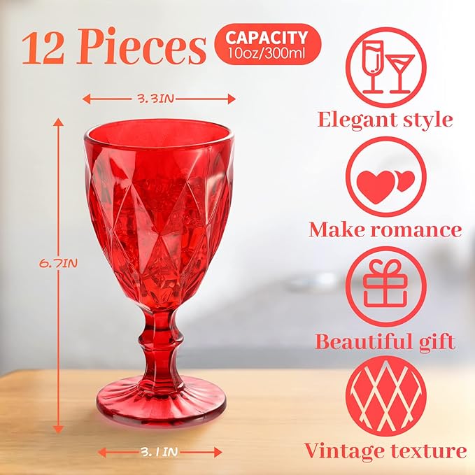 Yinder Glass Goblet Vintage Wine Goblet Embossed Glassware 10 oz Solid Color Glass Stemmed Cups for Iced Tea Beverage Soda Juice Water Liquor and Party Wedding Bars Restaurants(Red,12 Pack)