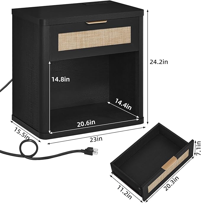 LEYAOYAO Rattan Nightstand with Charging Station, Black Night Stand with Drawer, 23" Wide Boho Bedside Table with Storage Shelf, Bed Side End Tables for Bedroom, Living Room, Hallway