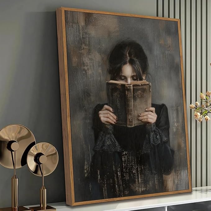 WALLZK Vintage Framed Wall Art Lady Reading Canvas Prints Dark Academia Moody Victorian Decor Pictures Artwork for Walls Living Room Study Bedroom Bathroom 16"x24"