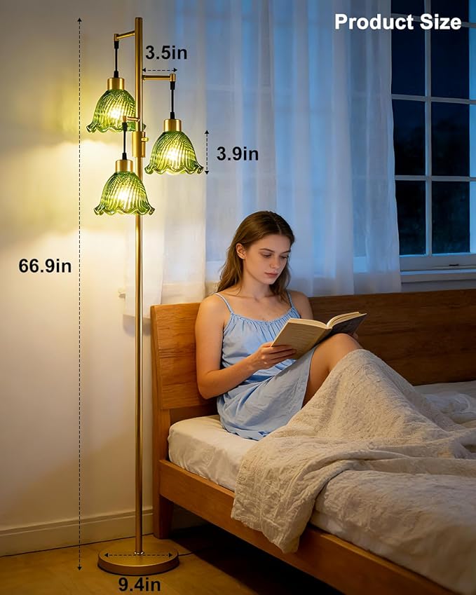 3-Light Modern Glass Floor Lamp, Gold Standing Tall Lamp with Green Glass Shade for Reading, Dimmable LED Floor Lamp with 5Lbs Heavy Base for Living Room Bedroom Home Decor, Bulb Included