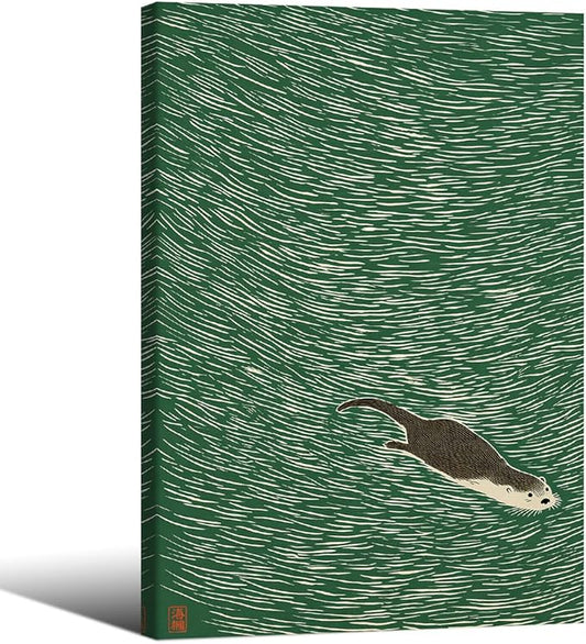 Wrapped Framed Japanese Otter Swimming Poster Funny Nature Wild Animal Pictures Retro Minimal Green Water Canvas Wall Art for Living Room Bedroom Bathroom 20x30 inch
