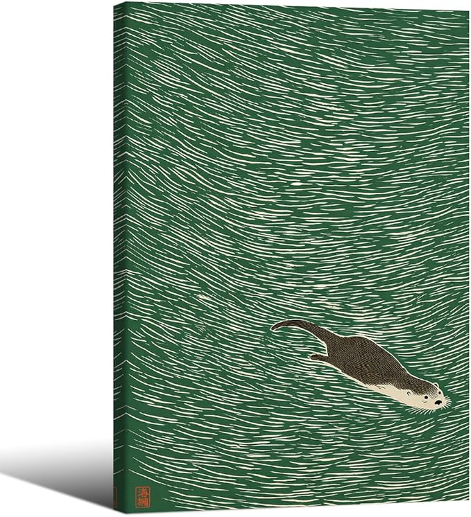 Wrapped Framed Japanese Otter Swimming Poster Funny Nature Wild Animal Pictures Retro Minimal Green Water Canvas Wall Art for Living Room Bedroom Bathroom 16x24 inch