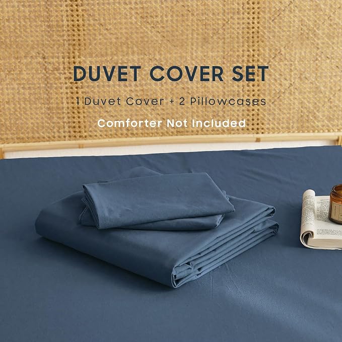 Wake In Cloud - Cotton Duvet Cover Set, 100% Washed Cotton, Linen Like Textured, Breathable Durable Comfy Farmhouse Neutral Bedding Set, 3 Pieces, Navy Blue, Twin/Twin XL Size
