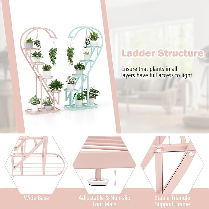Giantex 5 Tier Metal Plant Stand Indoor, Creative Heart-shaped Ladder Plant Shelf with Hanging Hook for Multiple Plants, Tiered Flower Display Shelf, Tall Plant Stand for Valentine's Day Home Holiday