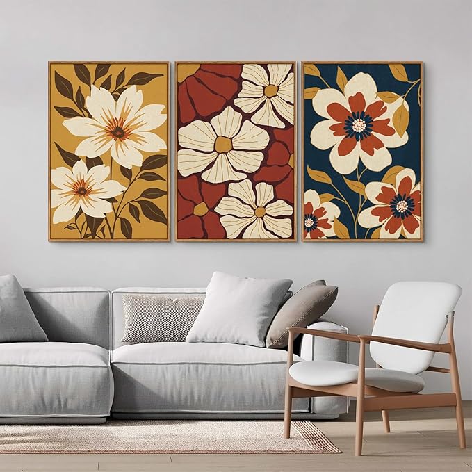 Rantodecor Large Vintage Floral Framed Canvas Wall Art Set, Mid Century Modern Wall Decor, Minimalist Retro Flowers Art Paintings, Beige Neutral Botanical for Bedroom Living Room Office 16"x24"x3