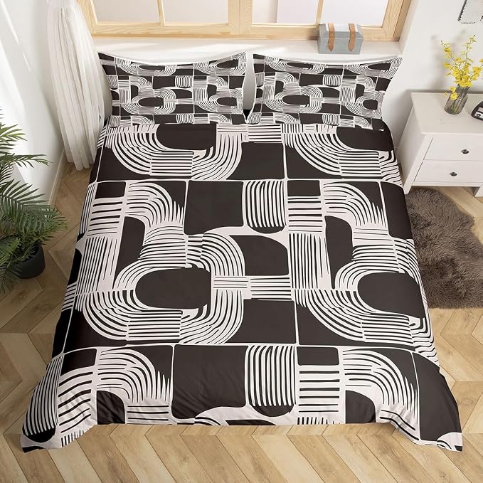 Erosebridal Brown and Beige Kids Toddler Bedding Set Bohemian Geometric Comforter Cover for Boys Teens Adult Mid Century Abstract Duvet Cover 2-Piece Boho Stripes Minimalist Bed Sets Bedroom Decor
