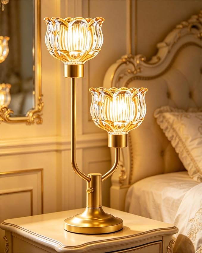 Lightdot Gold Table Lamp for Living Room Dimmable Mid Century Modern Flower Desk Lamp Amber Glass Vintage Nightstand Lamp 2 Bulbs Included Warmwhite Ambient Bedside Lamps for Bedroom Home Office Decor