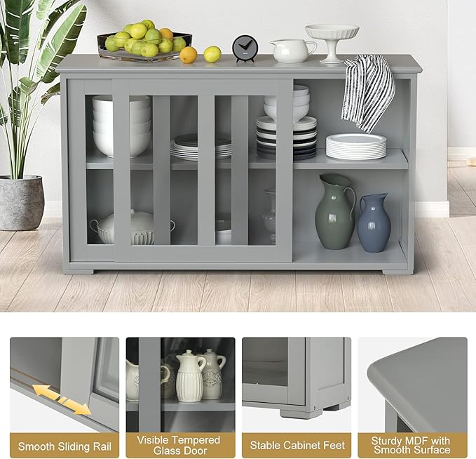 Sideboard Buffet Cabinet, Stackable Cupboard Storage Table with Adjustable Shelf & Glass Sliding Doors, Wooden Credenza Coffee Bar Cabinet for Kitchen/Dining Room/Living Room/Entryway (Grey)
